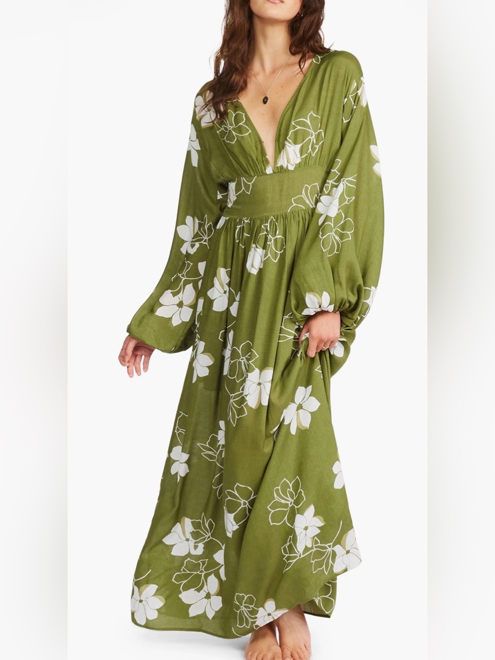 Billabong Night Bloom Green and White Floral Maxi Dress - Size S Flowy Babydoll